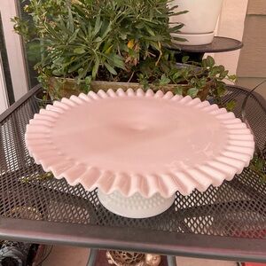 Fenton White Milk Glass Hobnail Cake Stand 14” Crimped Edge Pedestal Vintage